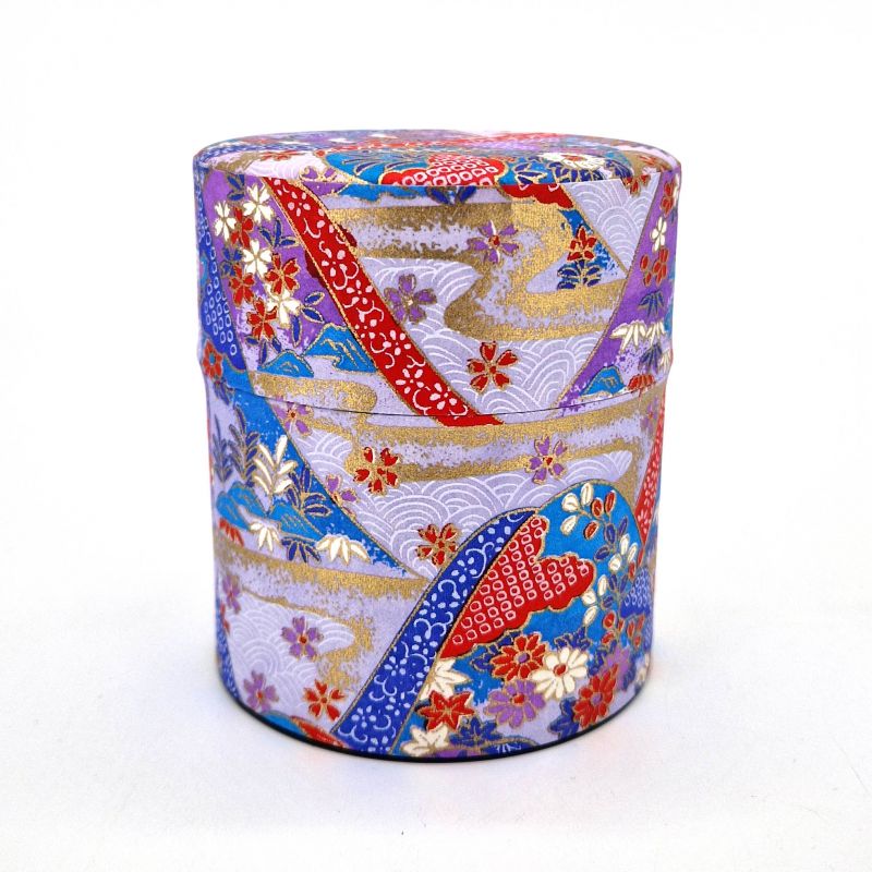 Flat Japanese tea canister in purple washi paper, YUZEN KICHONA, 150 g