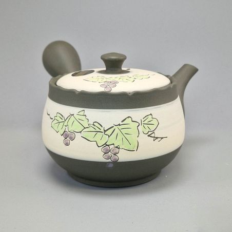 Japanese Teapot Tokoname 340cc - Green - Hyotan - Vine & Grape Pattern