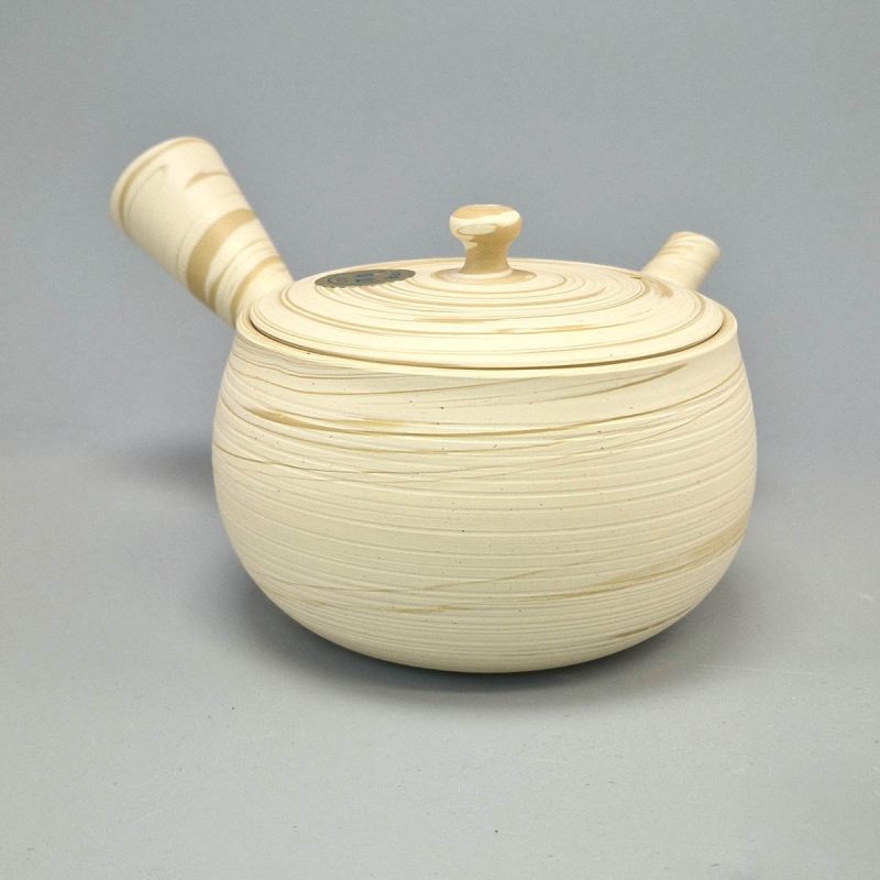 Japanese Teapot Tokoname 300cc - White & Beige - Swirl Pattern Naruto