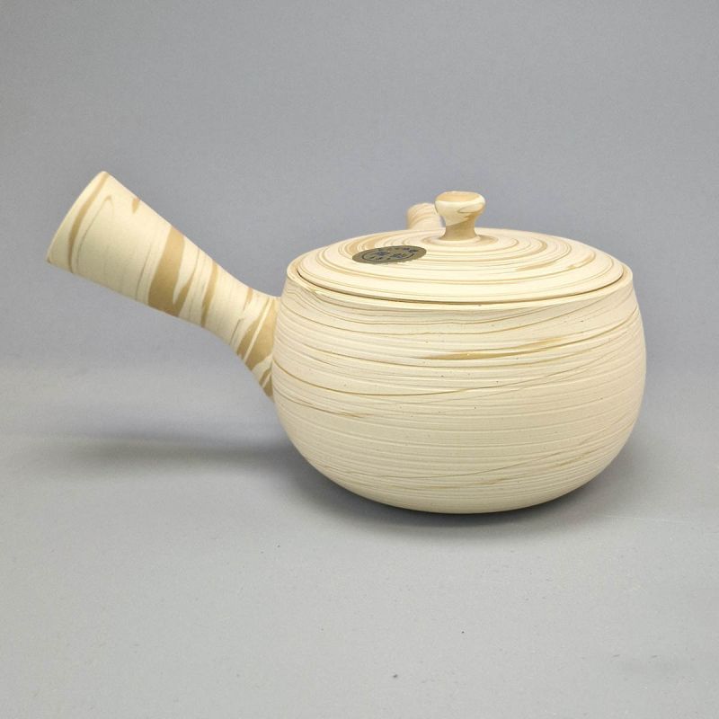 Japanese Teapot Tokoname 300cc - White & Beige - Swirl Pattern Naruto