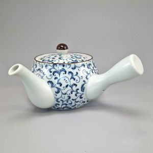 Japanese Arita Ceramic Teapot 420cc, White and Blue, Fern Karakusa Pattern