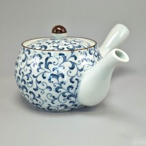 Japanese Arita Ceramic Teapot 420cc, White and Blue, Fern Karakusa Pattern