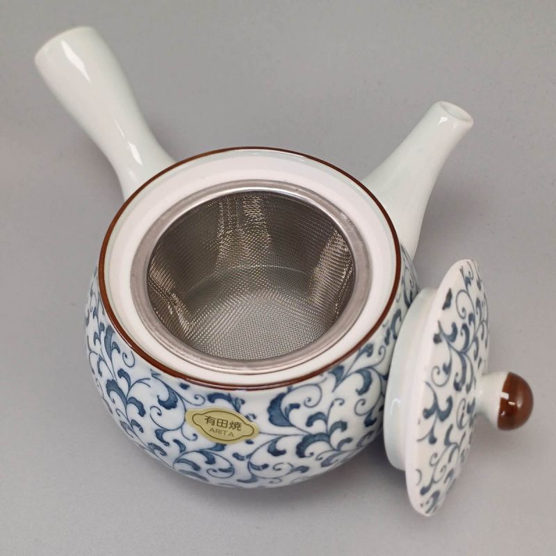 Japanese Arita Ceramic Teapot 420cc, White and Blue, Fern Karakusa Pattern