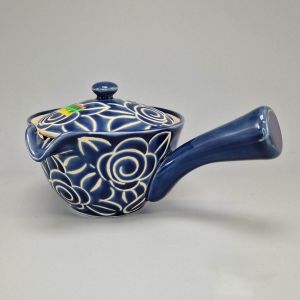 Théière japonaise en céramique Arita 270cc, bleue avec motif de fleurs, modèle HANA