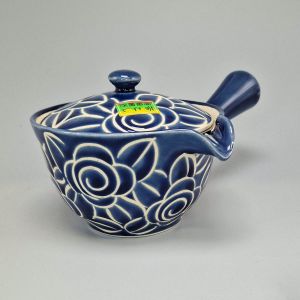 Théière japonaise en céramique Arita 270cc, bleue avec motif de fleurs, modèle HANA