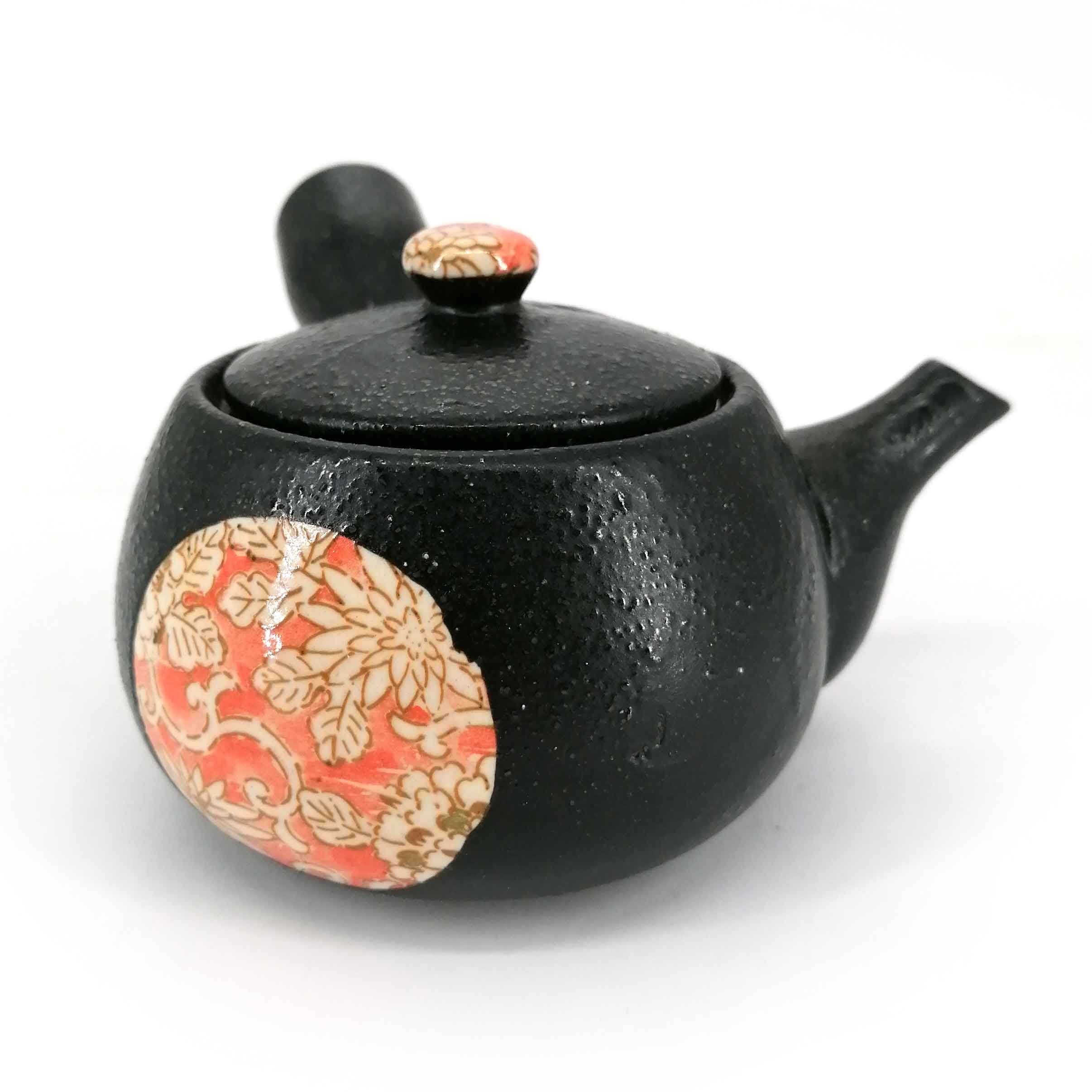 Cenar Hacia arriba Mancha Tetera japonesa de cerámica kyusu con filtro e interior esmaltado, círculo  floral negro - HANA NO WA